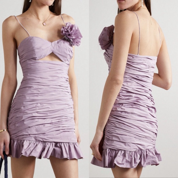 Loveshackfancy Jessilyn Mini Dress Ruched Poplin Rosette Ruffles Lavender 00 XXS - Picture 4 of 11